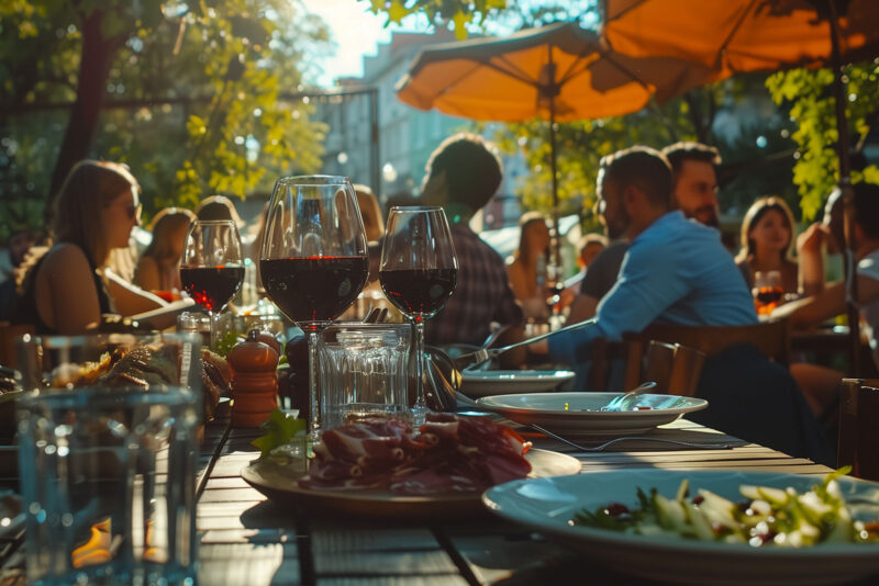 Guests dining on patio of hotel restaurant